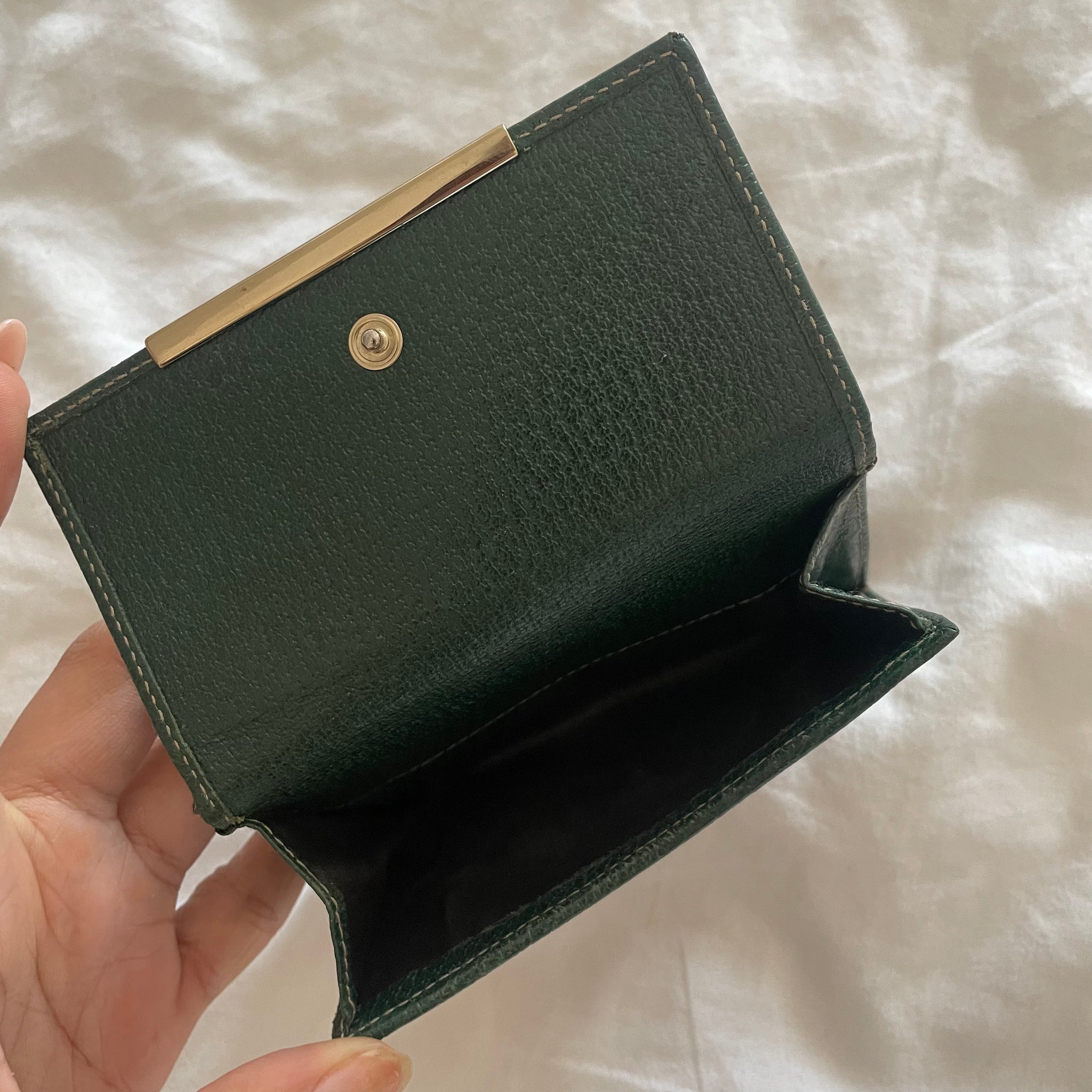 Gucci Compact Brown GG Print Canvas Green Leather Trim Wallet