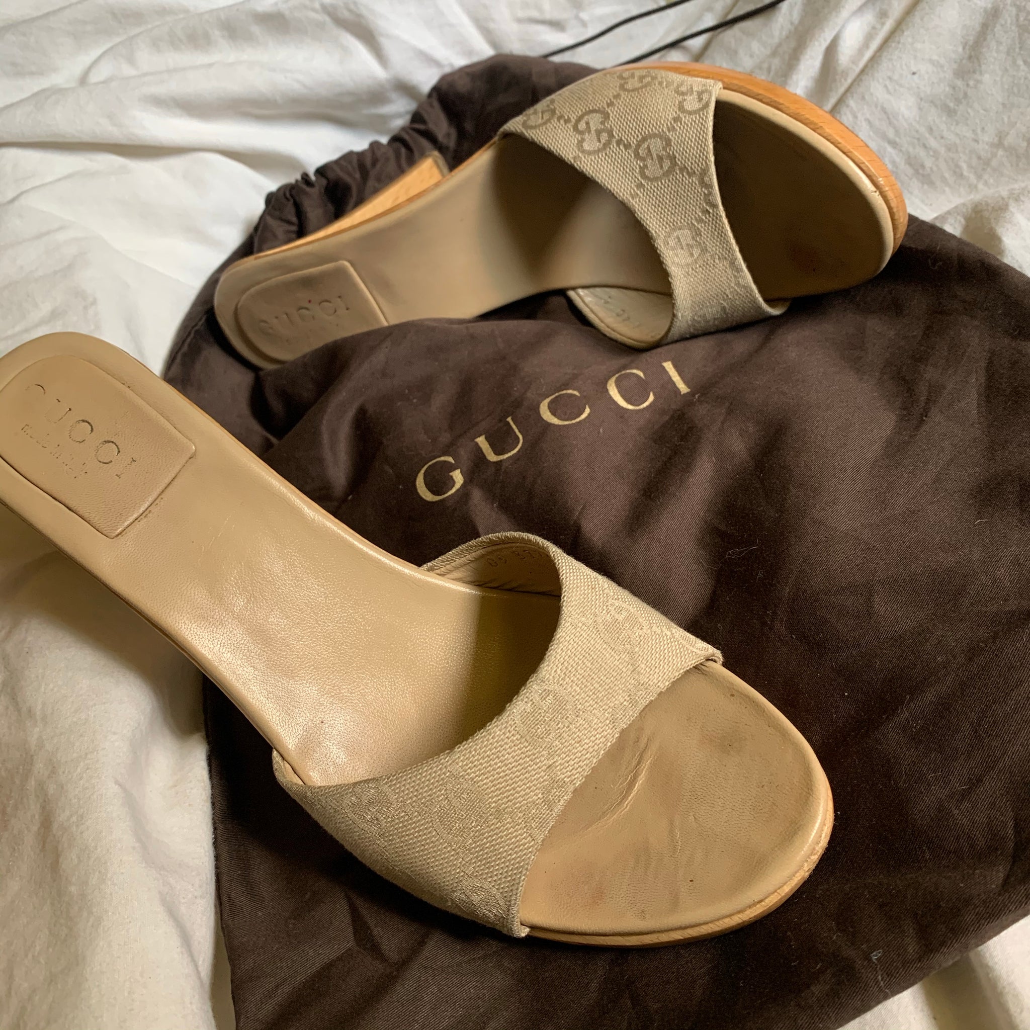 Gucci Vintage Canvas Heeled Mules with Logo