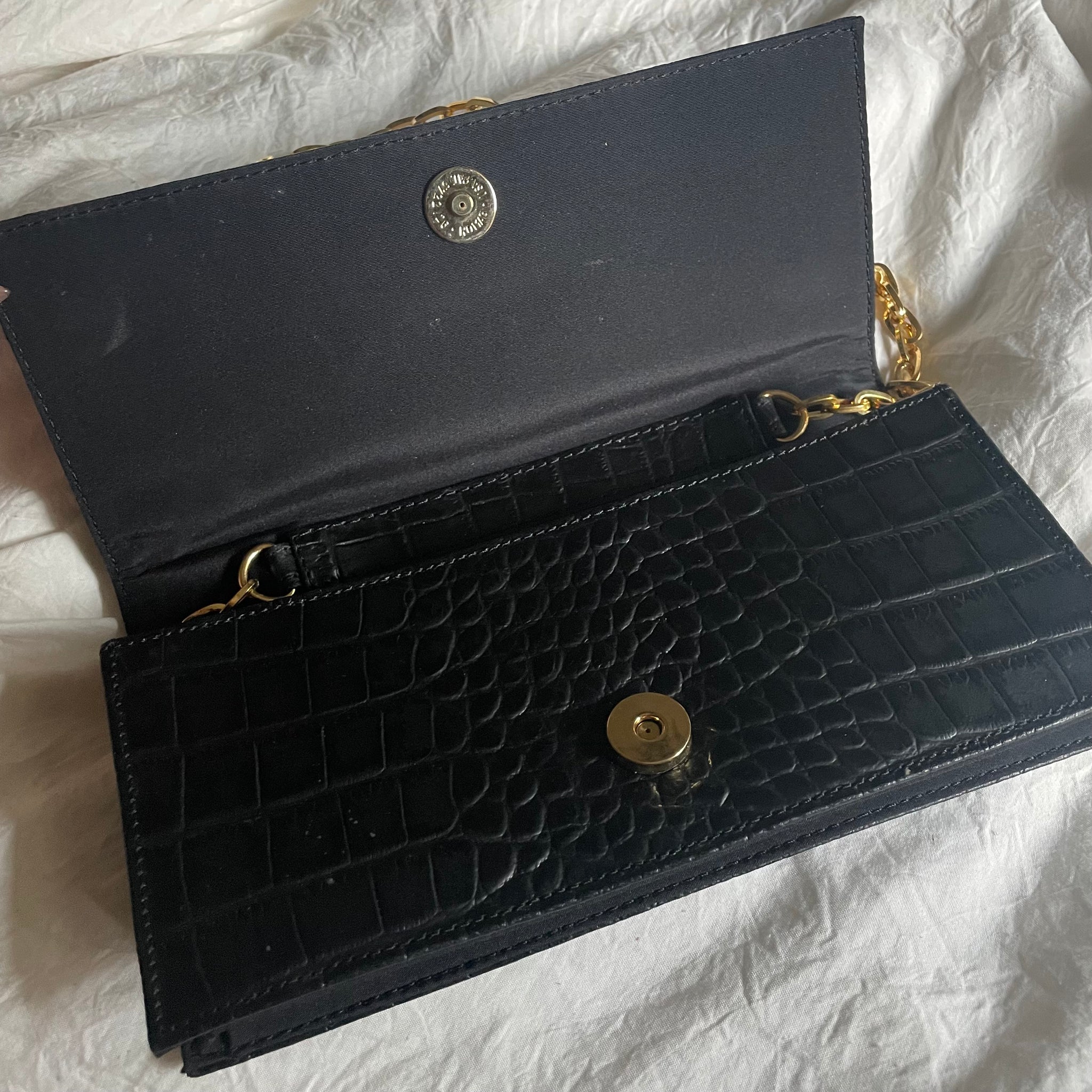 Black Minimalist Leather Gold Chain Croc Clutch Bag
