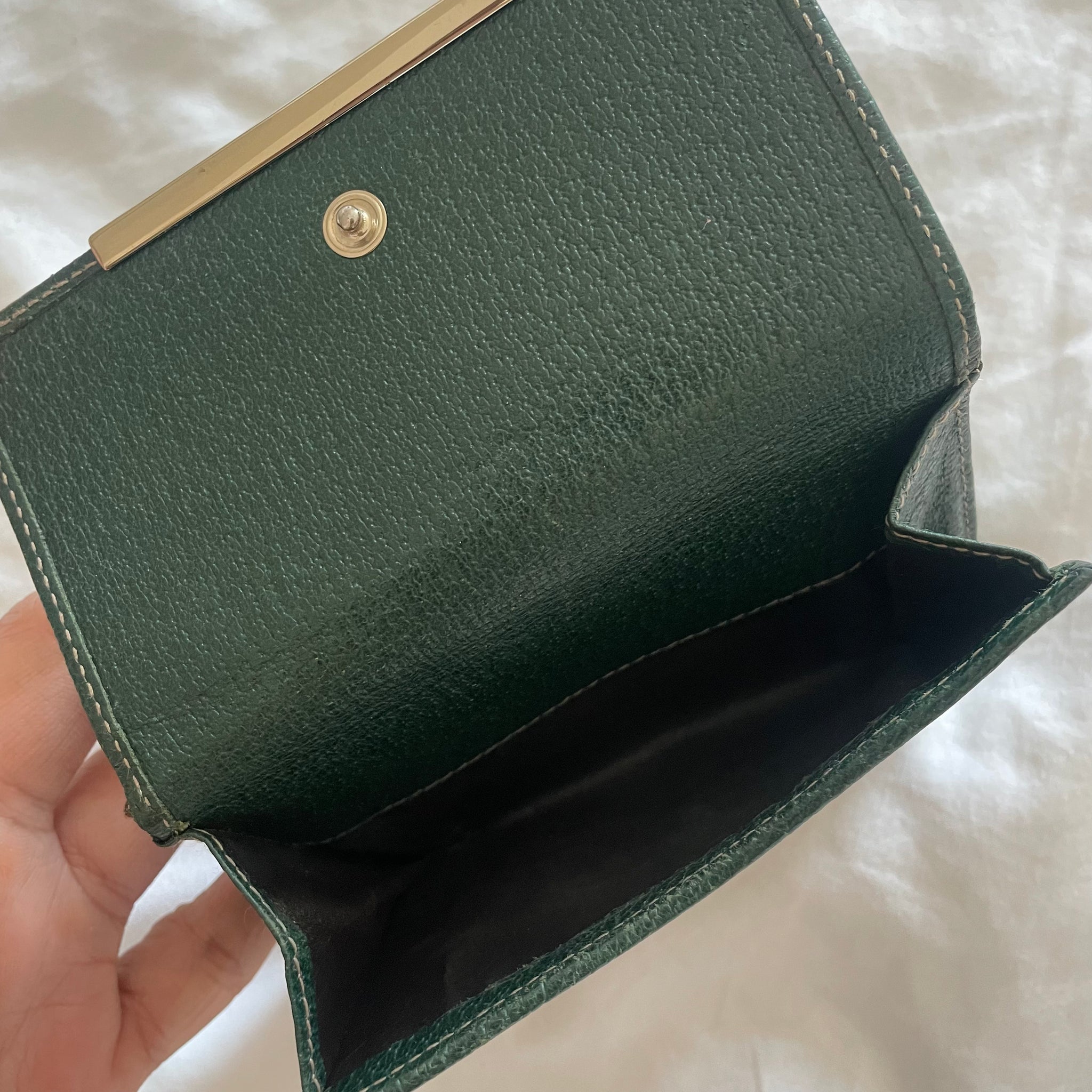 Gucci Compact Brown GG Print Canvas Green Leather Trim Wallet