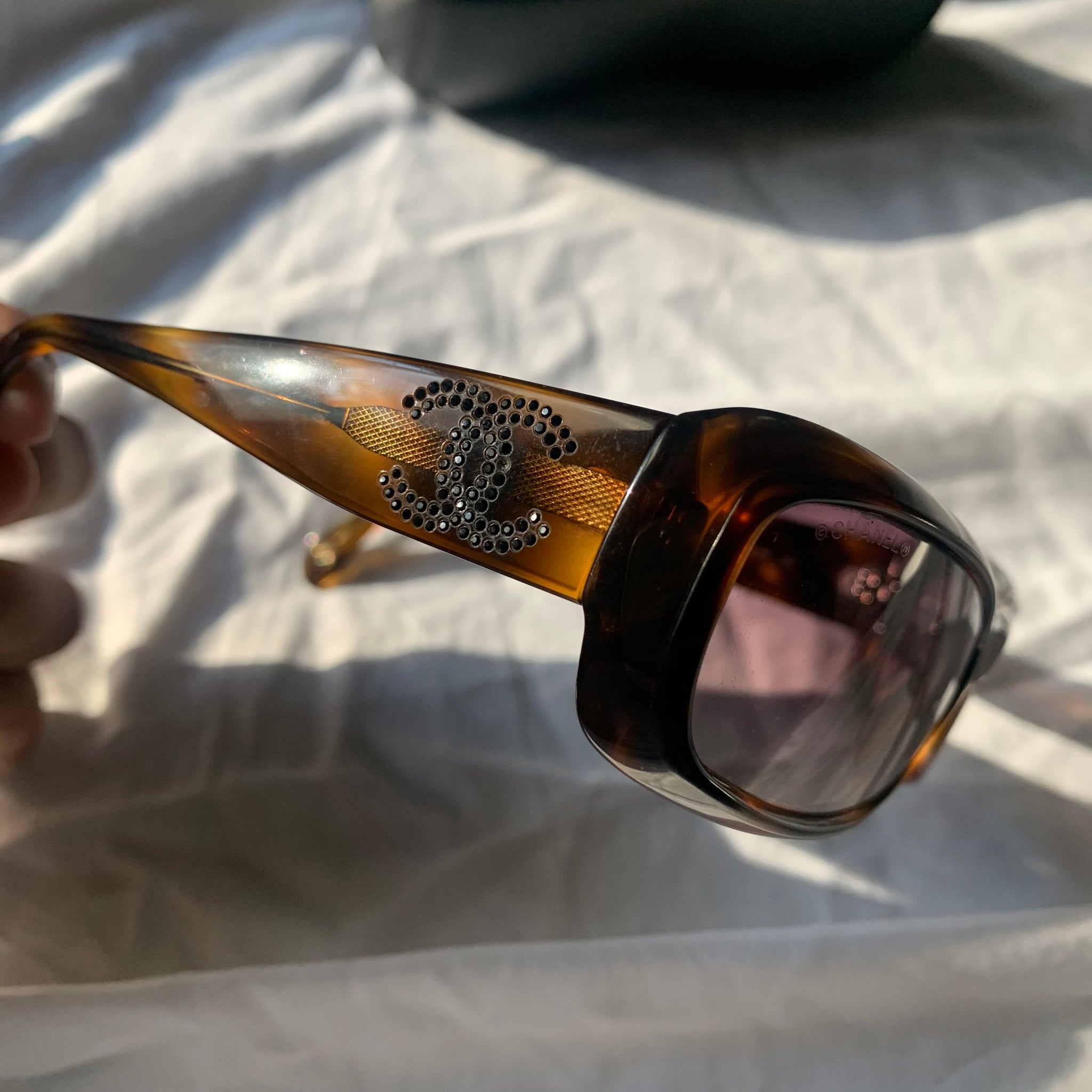 Authentic Chanel Rectangular Rhinestone Logo Sunglasses