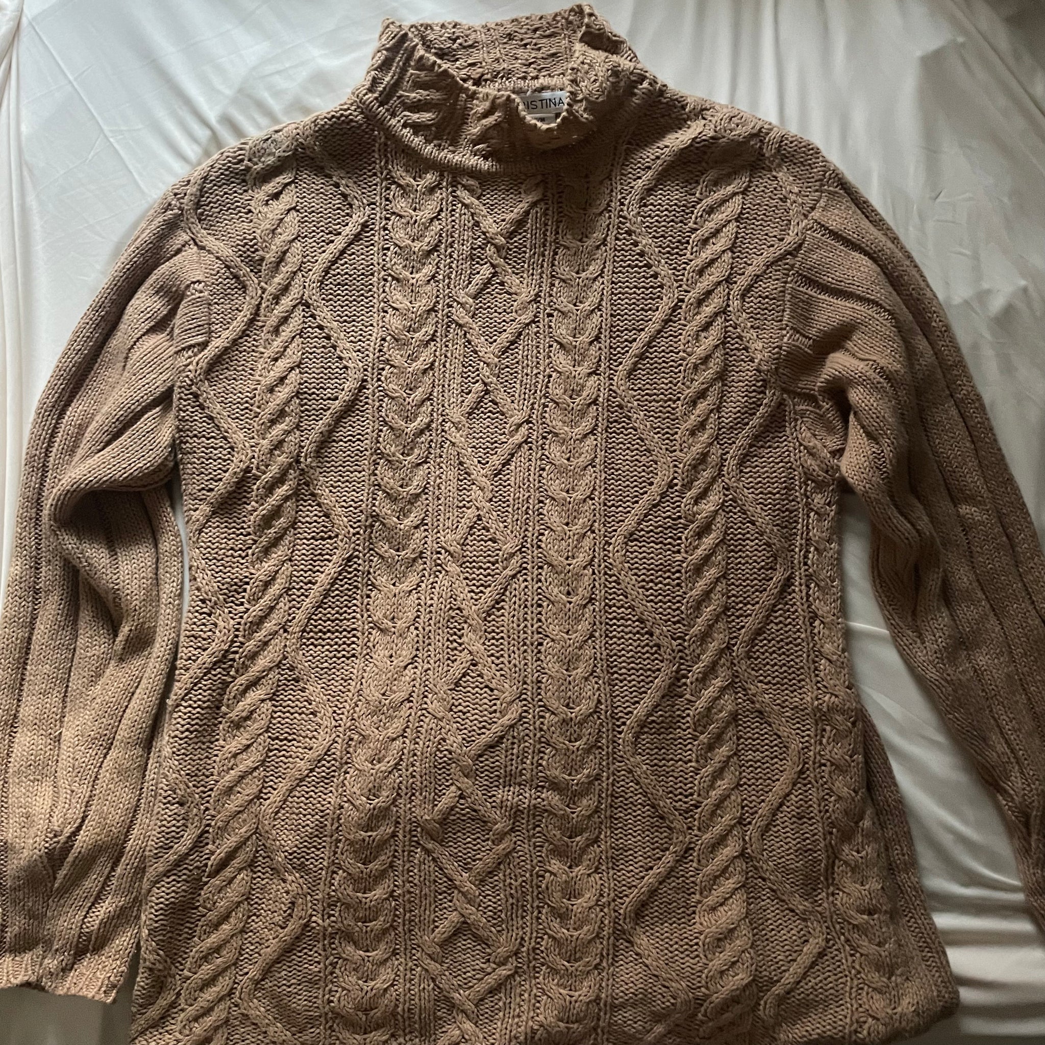 Camel Brown Cable Knit Mock Neck Sweater (M-XL)