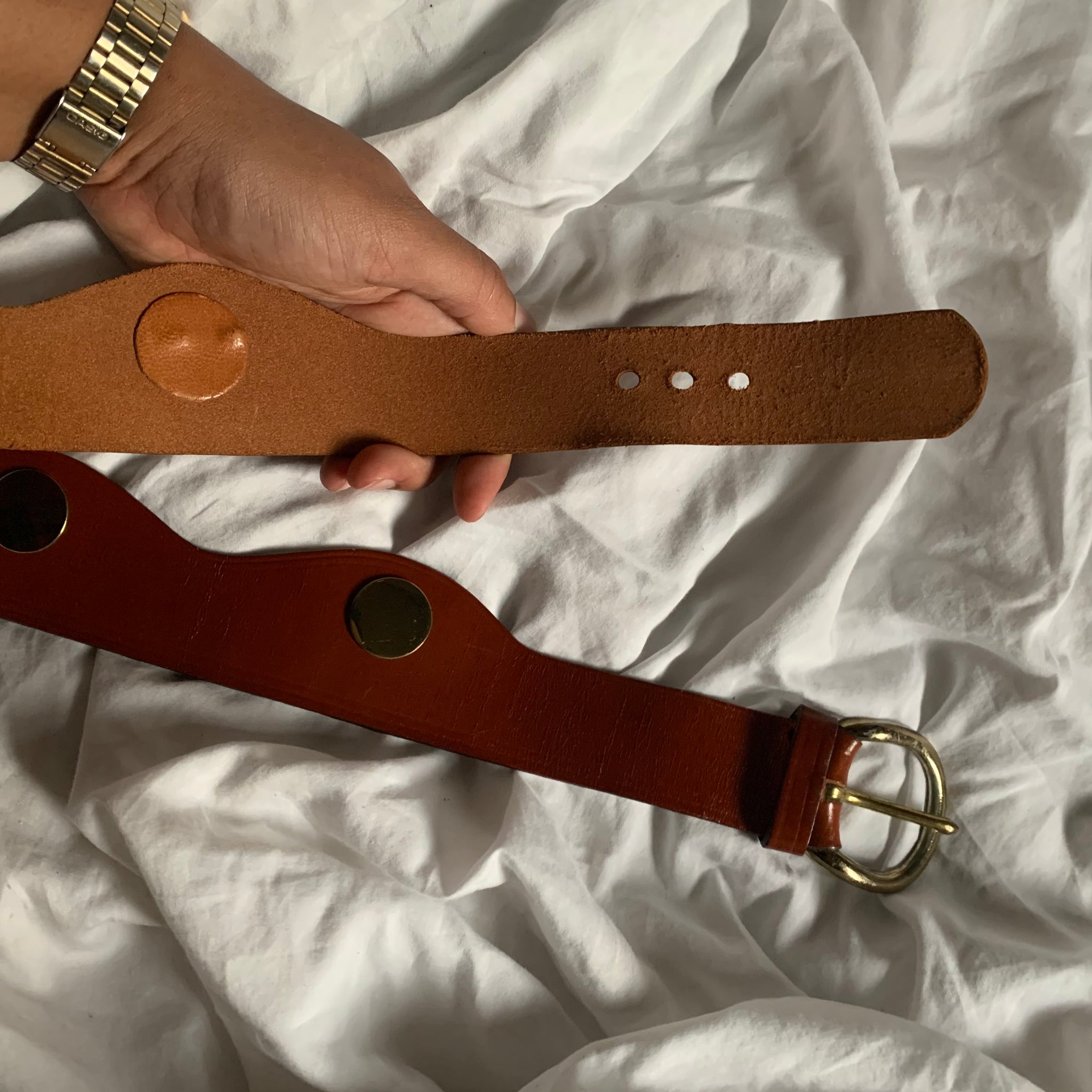 Vintage Genuine Brown Leather Scalloped Gold Disk Belt (M)