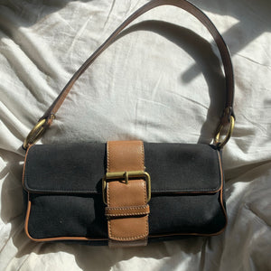 Vintage Black Canvas and Brown Leather Buckled Baguette Bag