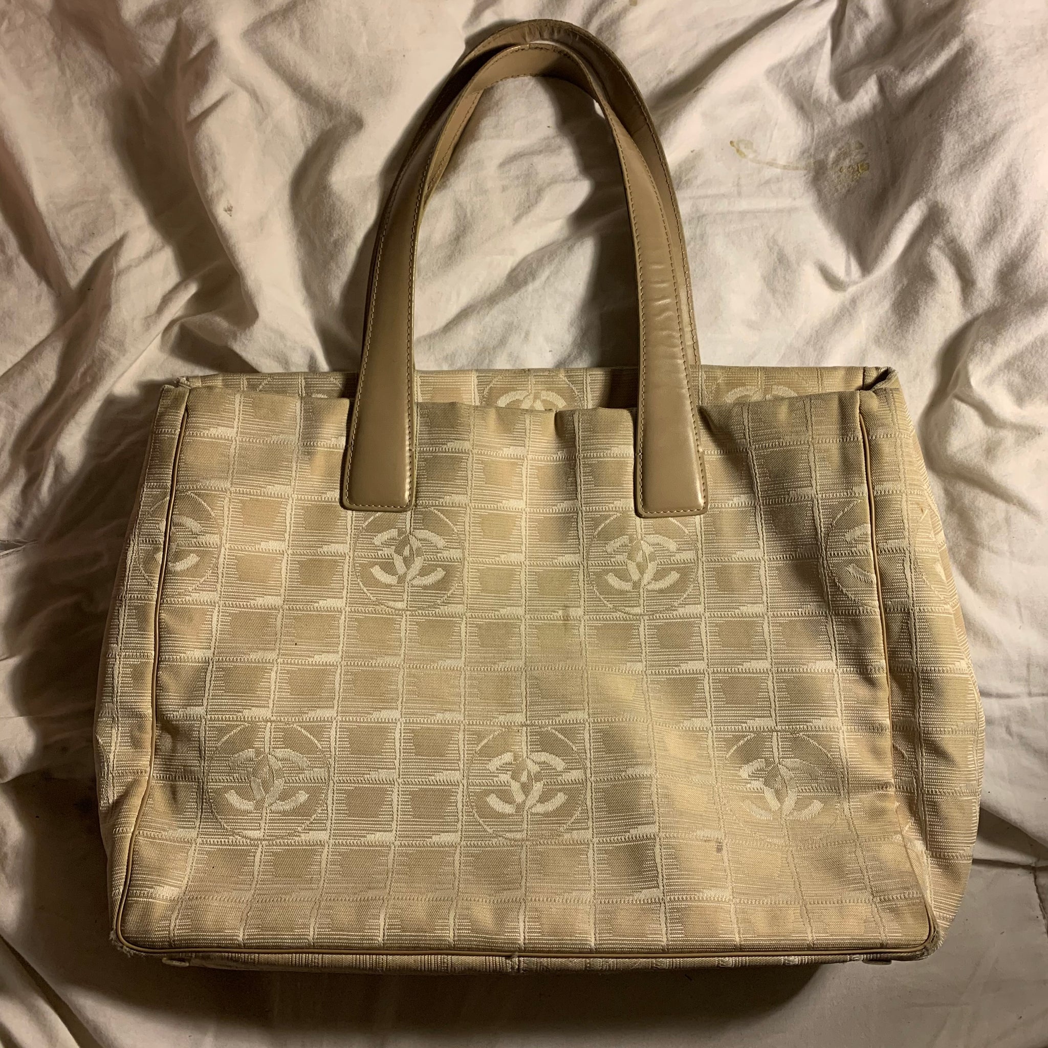 Auth CHANEL New Travel Line Beige Nylon and Leather Tote Shoulder Bag #54299