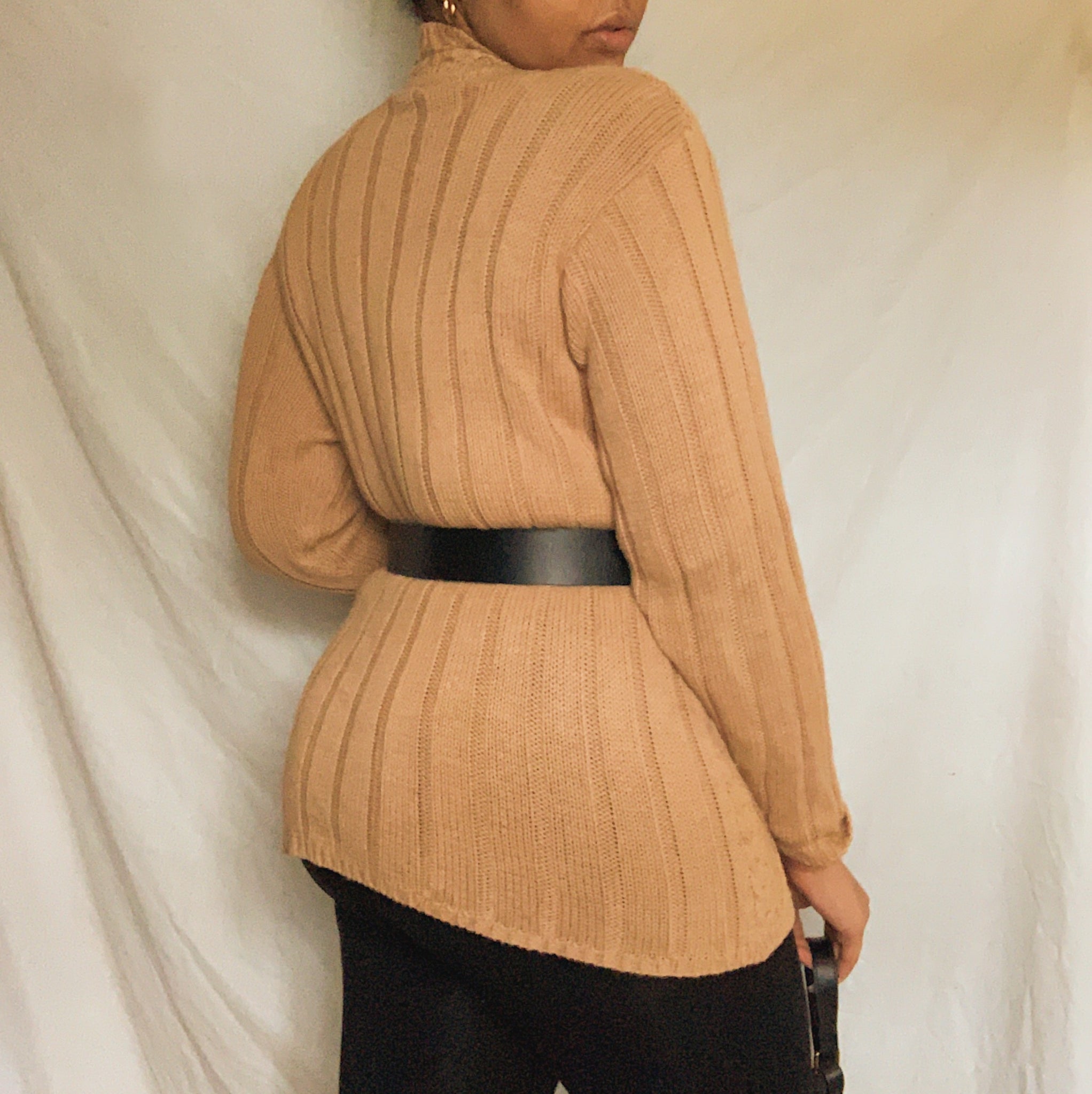 Camel Brown Cable Knit Mock Neck Sweater (M-XL)