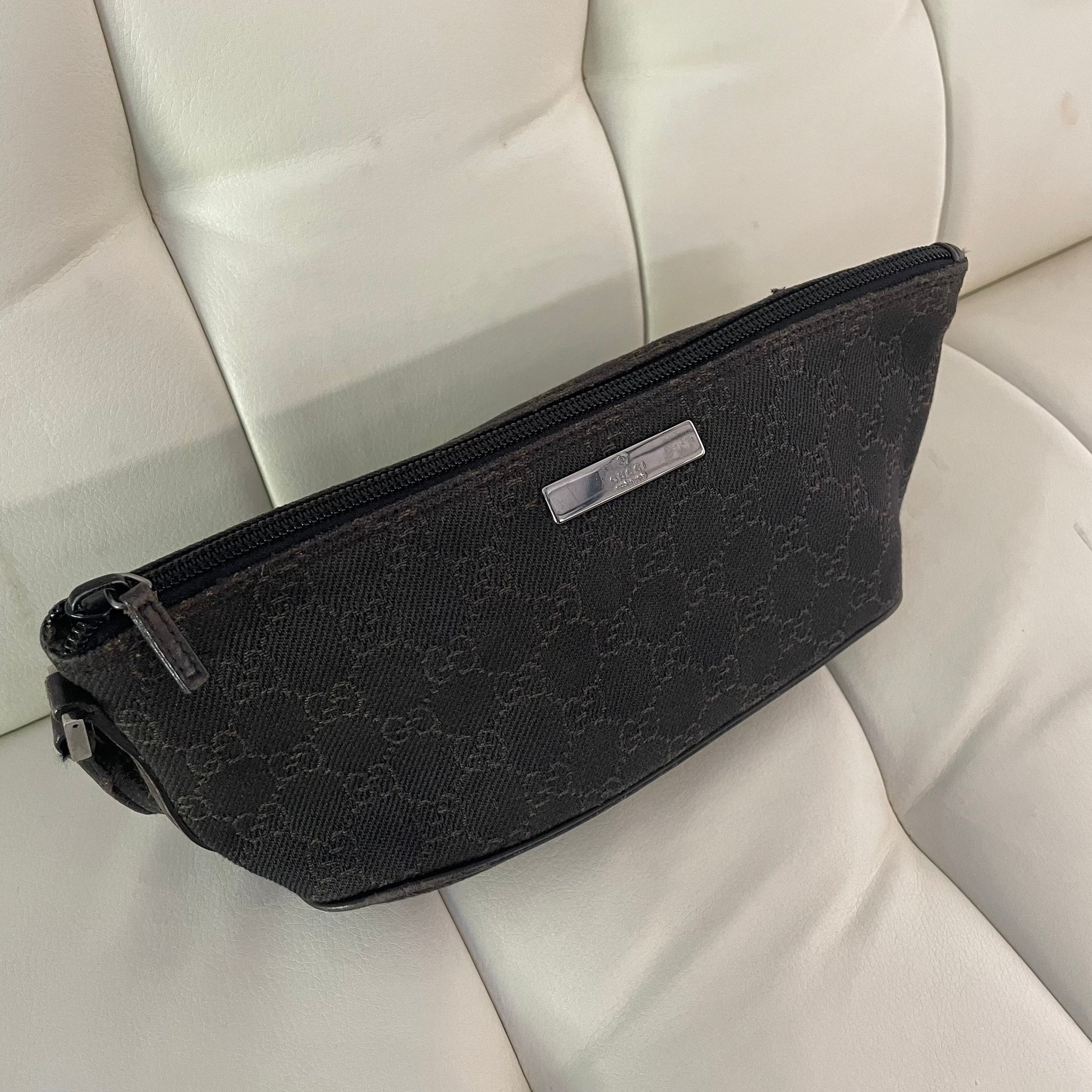 Vintage Gucci Boat Pochette Bag Small Leather Trim Purse Handbag GG Print
