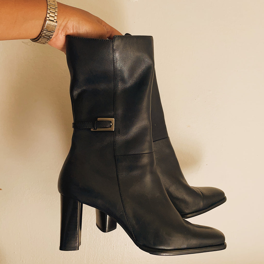 Black Leather Buckle Mid-Calf Heel Boots (Sz. 8.5/9)